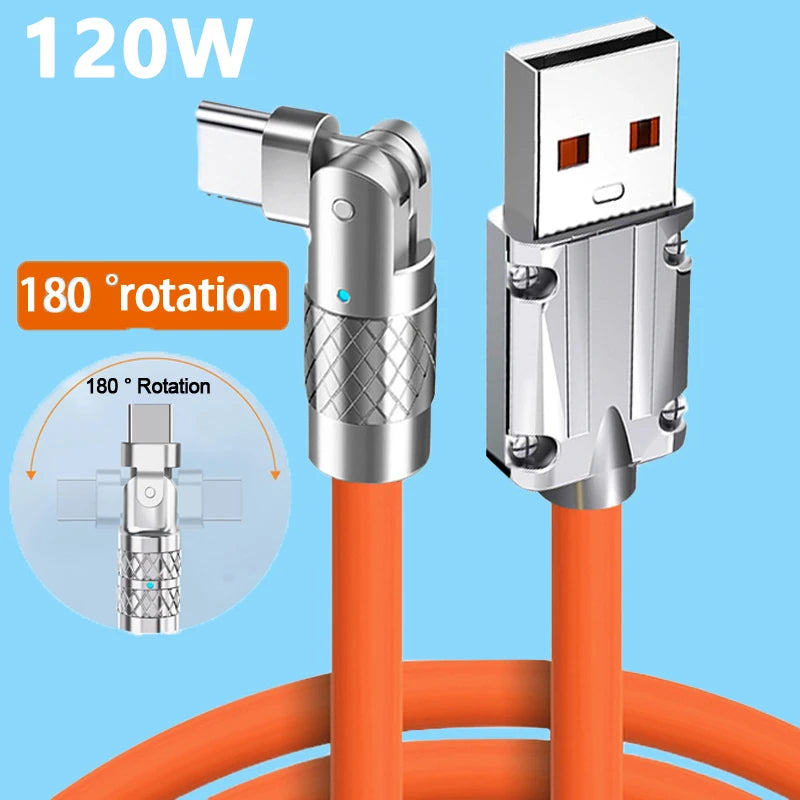 USB to Type C 180 Degree Rotation Charge Data Cable 120W Super Fast Charge Cord High Speed Data Transfer Wire for Iphone Samsung